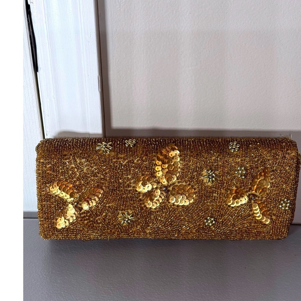 Bijoux Terner Gold Beaded Sequin Butterfly Evening Clutch Shoulder Bag 004431